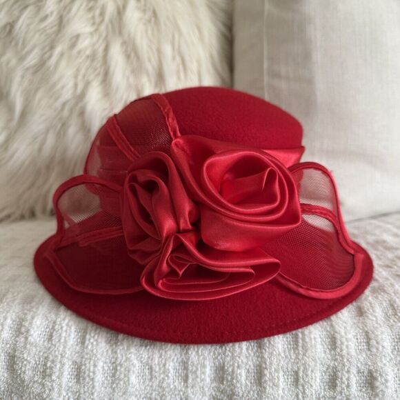 Fancy Women's Hat 100% Wool Red 3D Intricate Rose Bow Event Party Derby - Picture 6 of 12
